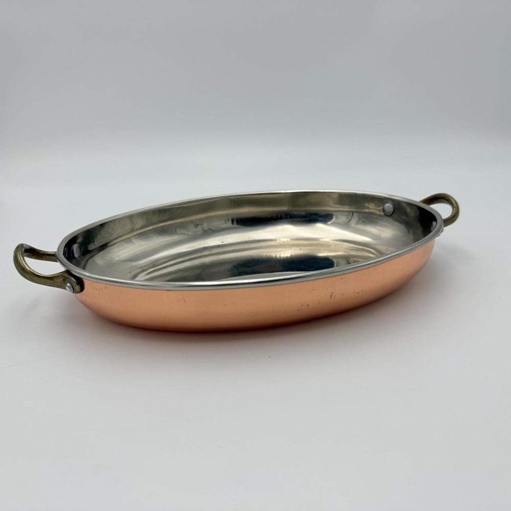 Vtg Copper Gratin Tin Lined Oval Pan Dish Cookware Brass Handles Wall Hanging